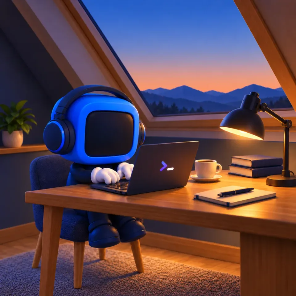 Zync wearing headphones at a laptop in a cozy attic, with evening clouds, distant mountains, and birds outside the window.